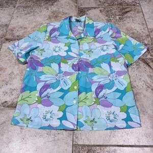 Allison Dailey Vintage Top Womens 12 Button Front Short Sleeve Blouse Floral
